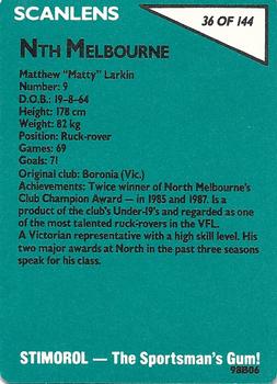 1988 Scanlens VFL #36 Matthew Larkin Back